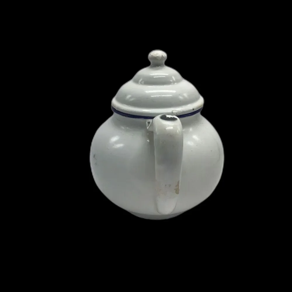 Vintage White Enamel Teapot Blue Rim Kettle Farmhouse Cottagecore Decor